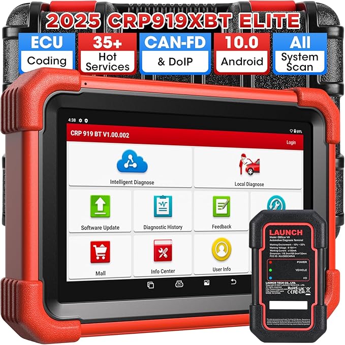 LAUNCH X431 CRP919XBT ECU Coding OBD2 Scanner, All System Bidirectional Scan Tool, 35+ Hot Services, CANFD DOIP FCA SGW, 150 Brands, Android 10, 2 Years Upgrades