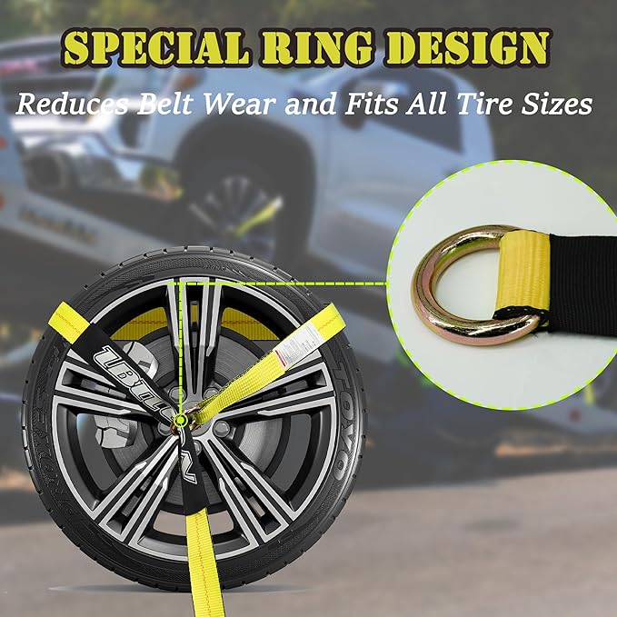 4 Pack Car Tie Down Straps for Trailers - 2" x 96" - 3,300 lbs Safe Working Load -Adjustable Wheel Straps for Hauling Cars.Yellow