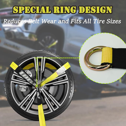4 Pack Car Tie Down Straps for Trailers - 2" x 96" - 3,300 lbs Safe Working Load -Adjustable Wheel Straps for Hauling Cars.Yellow
