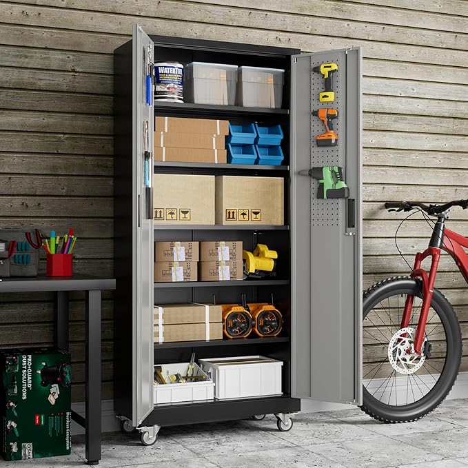 Garage Storage Cabinet with Pegboard and 5 Adjustable Shelves, 71'' x 32'' x 16''Metal Lockable Cabinet with Magnetic Doors,Tool Storage,Home Office Garage,Gym,School (Black-Grey)