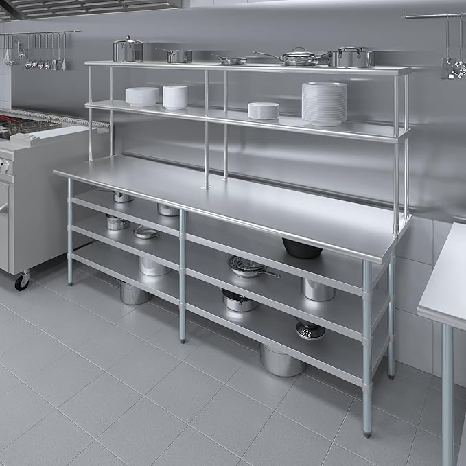 Amgood 24" x 60" Stainless Steel Work Table with 3 Shelves and 12" Wide Double Tier Overshelf | Metal Kitchen Prep Table & Shelving Combo | NSF