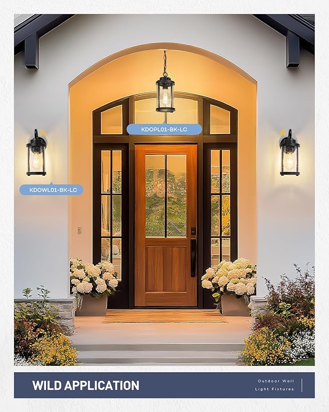 kudos Dusk to Dawn Outdoor Lighting, 12.5 inch Porch Lights Outdoor, Anti-Rust Waterproof Cylinder Wall Light for Patio, Garage, Black with Seeded Glass, KDOWL01-BK-LC