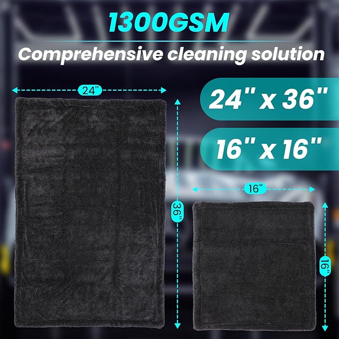 2 Pack 1300 GSM Car Drying Towel,Double-Sided Microfiber Towels for Cars(24'' x 36''&16 ''x 16''),Extra Large Ultra Absorbent,Without Residual Lint,Scratches or Water Spots