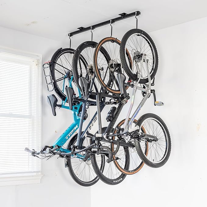 Teal Triangle Ceiling Mounted Bike Rack for Garage - Premium Bicycle Stand & Hanger for Space-Saving Storage | Adjustable Ceiling Hooks Hold 4-8 Bikes - Indoor Bicycle Rack System for basement