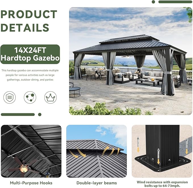 Aoxun 14' X 24' Hardtop Gazebo with Drainage System, Aluminum Outdoor Gazebo with Galvanized Steel Double Roof, Patio Permanent Metal Pavilion with 20 inch Ceiling Fan, for Garden, Deck, Grey