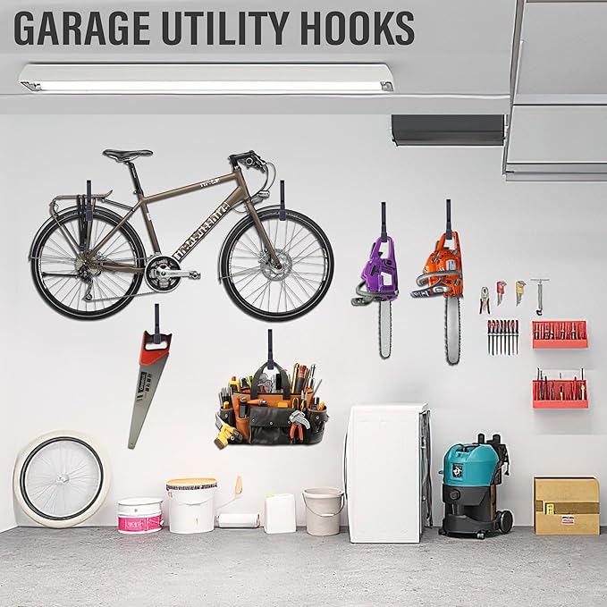 Heavy Duty Utility Hooks, Garage Storage Wall Mount Steel Hooks, Garden Tool Hanger, Garage Organizer for Tool, Ladder, Folding Chair, Hose, Ropes, Bike, etc.(4 Large, 7.7 Inches)