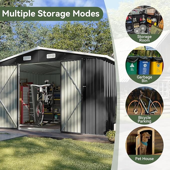 10x10 FT Shed Outdoor Storage Shed with Base, Large Shed Steel Utility Tool Shed Storage House with Door & Lock, Metal Sheds with Sloped Roof for Garden Patio Poolside, Black
