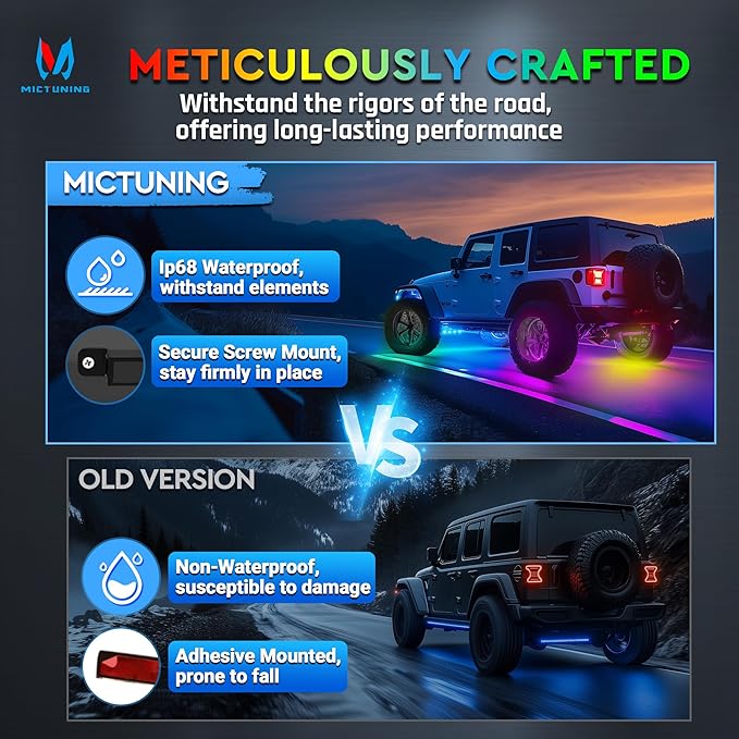MICTUNING 8Pcs N8+ Chasing Color RGB+IC Underglow Neon Accent Strip Lights, 12V Multi DreamColor Music Soundsync Exterior Underbody Lights for Car, Wireless App & Remote Control, 2 Years Warranty