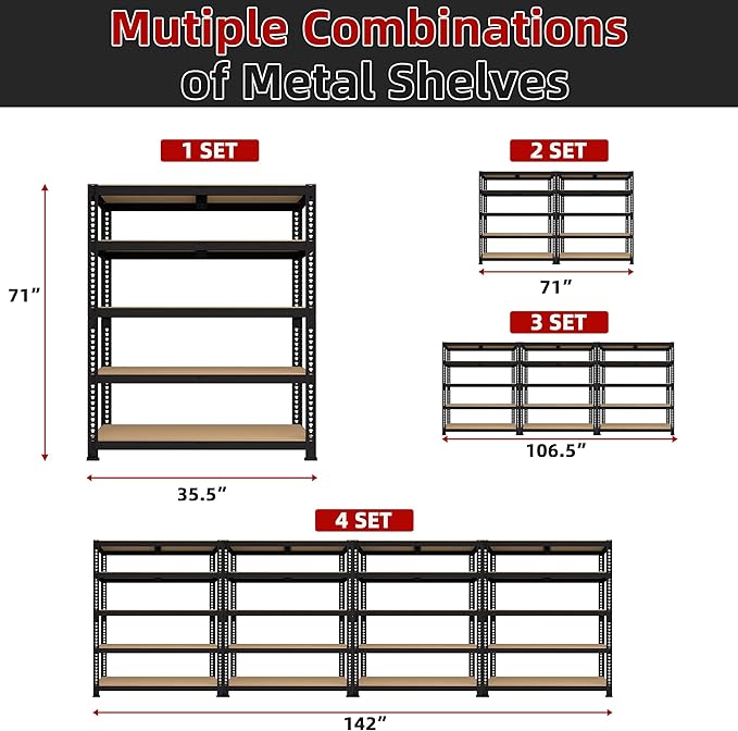 35.5" W x 16" D x 71" H Adjustable Garage Storage Shelves - 5-Shelf Heavy Duty Shelving Unit, Metal Utility Storage Organizer Racks for Warehouse Pantry Closet Kitchen, Black