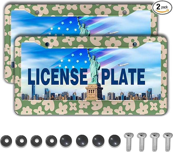 License Plate Holder Multicolor License Plate Frames Vintage Groovy Flowers Universal Aluminum Car Accessory 2 Pack with Screw Covers Set