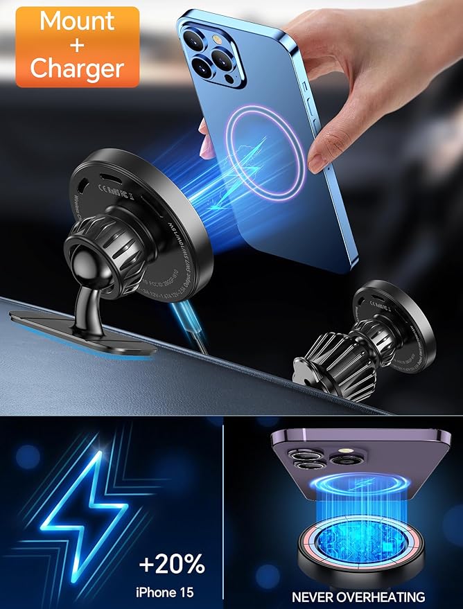 Kaistyle for MagSafe Car Mount Charger【Stronger Magnets】 iPhone Magnetic Wireless Car Charger【Dashboard+Vent】 for Magsafe Charger Cell Phone Car Mount for iPhone 16 Pro Max 15 14 13 12 MagSafe Cases