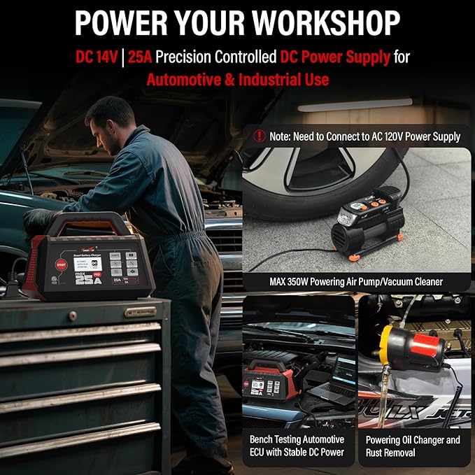 TowerTop 25A Max Pro Battery Charger: 12V Fully Automatic Smart Trickle Charger, Automotive Battery Maintainer with Engine Start, DC Supply, Winter Mode, Recondition,Desulfation, for Lead Acid/Lithium