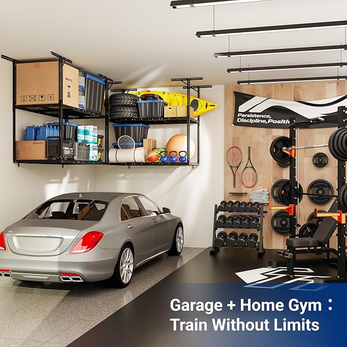 FLEXIMOUNTS 3x6 2-Tier Overhead Garage Storage Rack – Adjustable Heavy Duty Metal Garage Ceiling Storage Racks, 880 lbs Capacity – Garages Organization System for 10–15 ft Tall Garages, Black