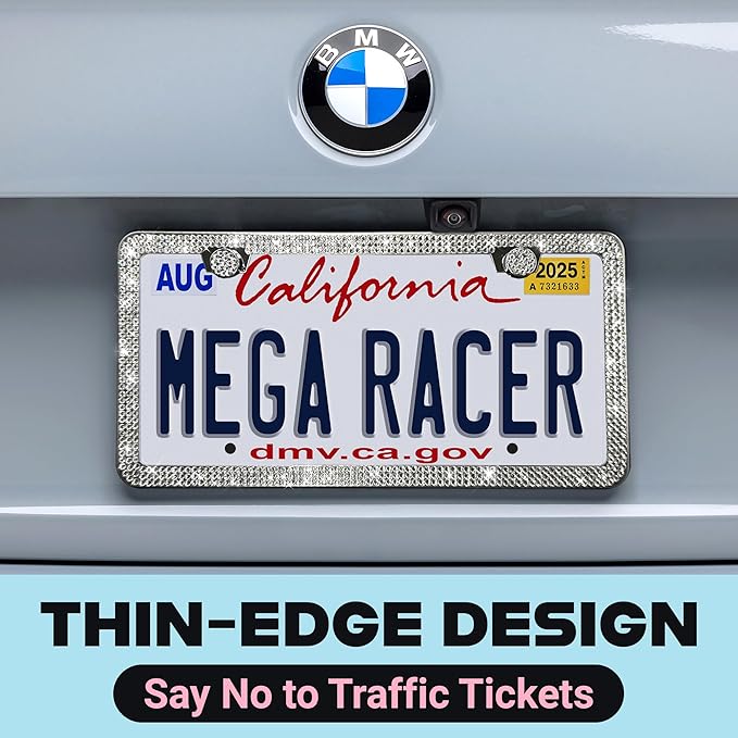 Dazzling Bling License Plate Frames for Women - 2 Pack, 1600 Premium Rhinestones, Rust-Free Stainless Steel, Street Legal Slim Design, Sparkly Diamond Car Tag Holders with Glitter Crystal Screw Covers