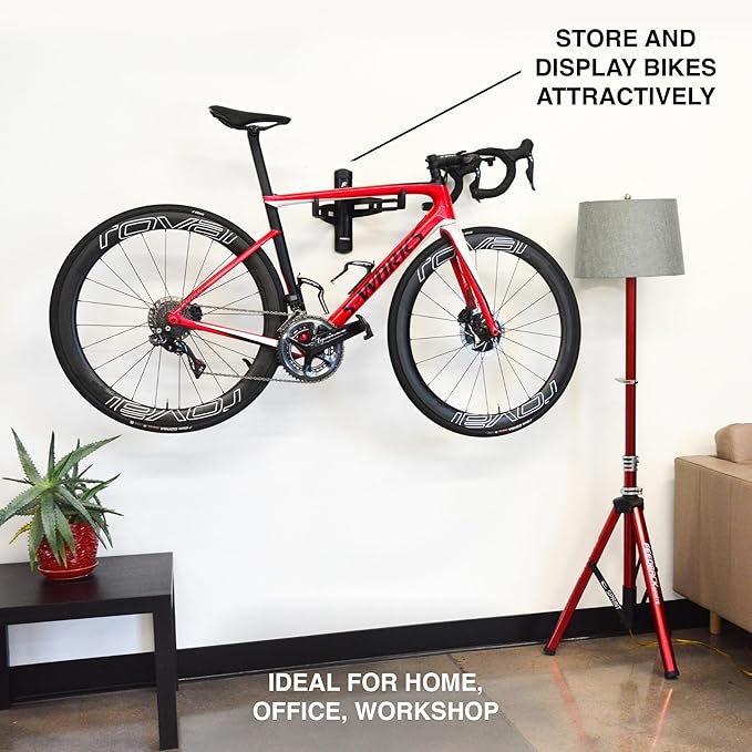 FEEDBACK SPORTS | Velo Wall Rack 2D Bike Storage | Bicycle Hangar Mount W/Adjustable Arms | Road, Gravel, Mountain Bike Compatible | For Garage, Apartment, Shed | Black