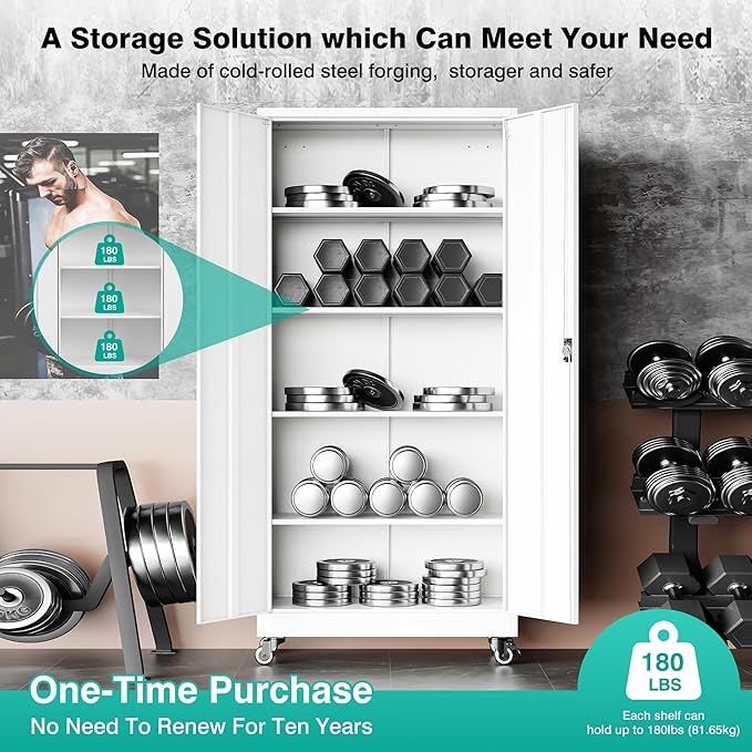 75" Tall Metal Storage Cabinet with Wheels,Rolling Garage Storage Cabinet with Lock,White Metal Cabinets with Wheels and Shelves,Tool Cabinets on Roller for Garage,Home,Office,Shop