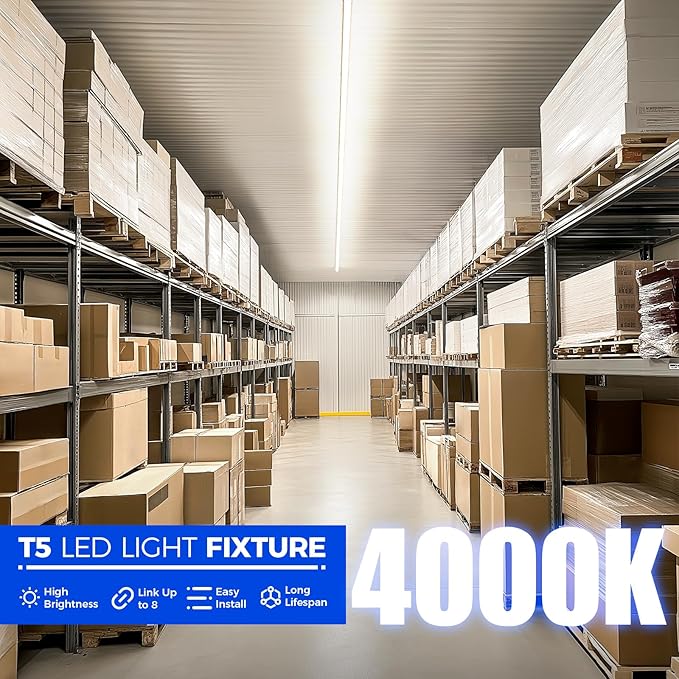 Barrina (Pack of 6) LED T5 Integrated Single Fixture, 4FT, 2200lm, 4000K (Daylight Glow), 20W, Utility Shop Light, Ceiling and Under Cabinet Light, Corded Electric with Built-in ON/Off Switch