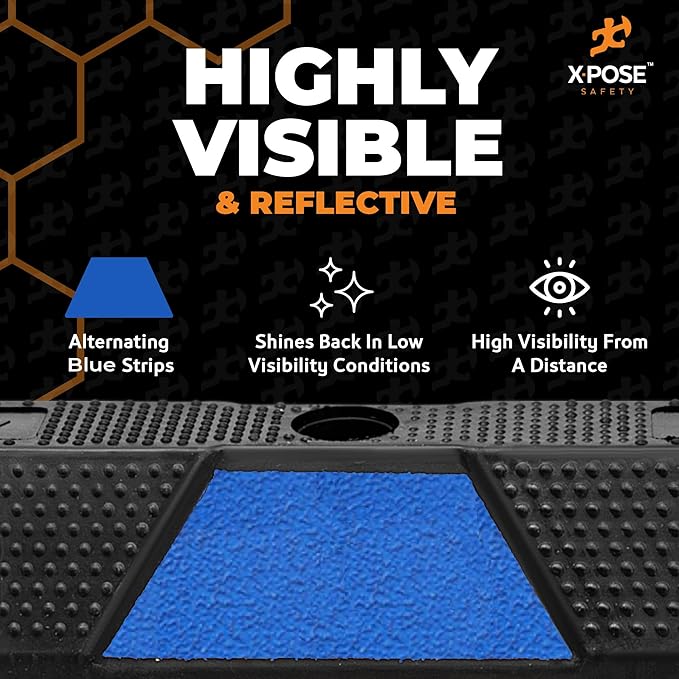 Xpose Safety 72" Heavy Duty Rubber Parking Stopper – Bulk Half Pallet 24 Pack Wheel Blocks for Garage, Driveway, or Ramp – Car Bumper Stop with Blue Reflective Strips – Removable Floor Mount