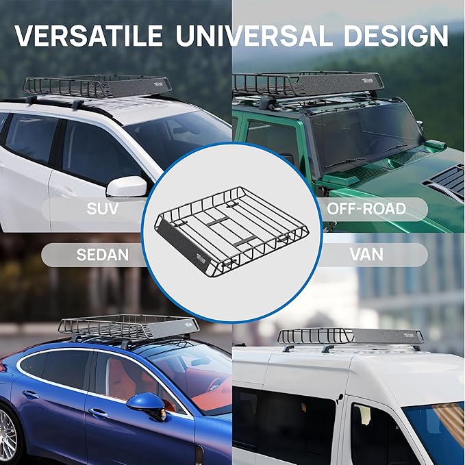 TUFFIOM 46"x 36"x 6" Universal Rooftop Cargo Carrier Basket, Heavy Duty Steel Roof Rack Basket w/4 Straps with Hook, Car Top Rack Luggage Holder Carrier for SUV Car Truck Van