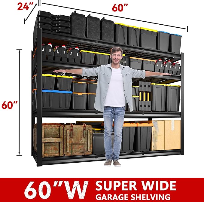 REIBII 60" W Garage Shelving Heavy Duty 2500LBS Storage Shelves 4-Tier Garage Shelves, Adjustable Metal Shelving for Warehouse, Pantry, Kitchen, Commercial, 60" W*60" H*24" D, 2 Pack