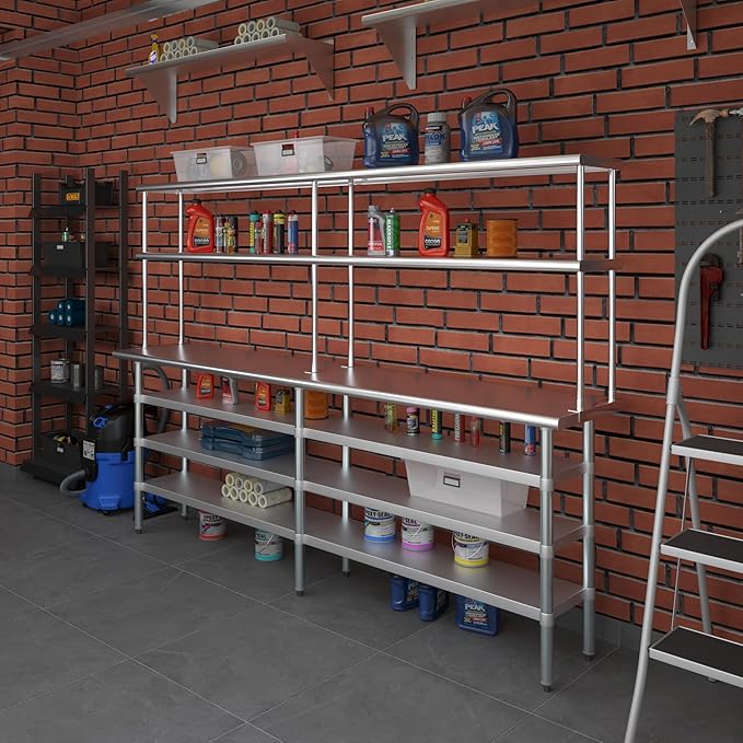 Amgood 18" x 96" Stainless Steel Work Table with 3 Shelves and 12" Wide Double Tier Overshelf | Metal Kitchen Prep Table & Shelving Combo | NSF