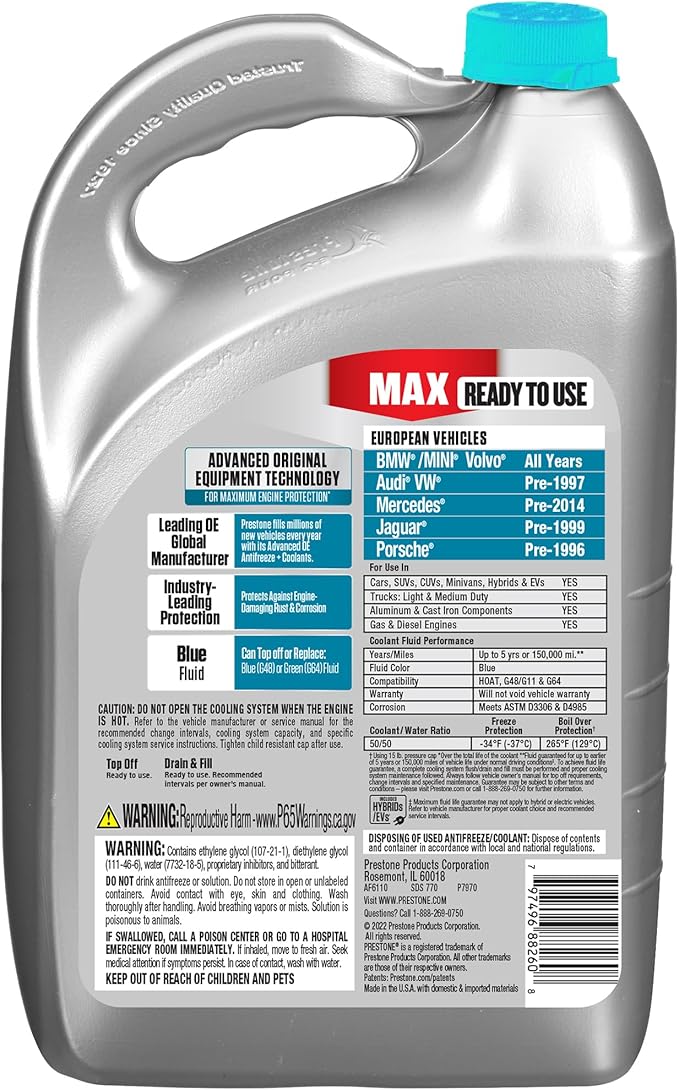 Prestone MAX Euro Blue 50/50 Antifreeze Automotive Coolant, Pack of One