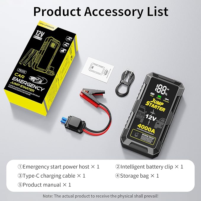 Car Battery Jump Starter with 4000A Peak Smart Clip LCD Display and 3 Modes Flashlight for Up to All Gas and 10.0L Diesel Engine 12V Auto Battery Booster Jumper Cables Portable Lithium Jump Box