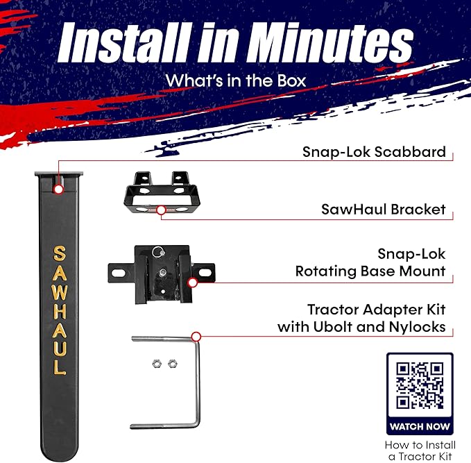 SawHaul Snap-Lok Universal Chainsaw Carrier Kit for Tractors and Skid Steers – 36 Inch Yellow Scabbard with Rotating Mount – Compatible with All Chainsaw Brands – Made in USA