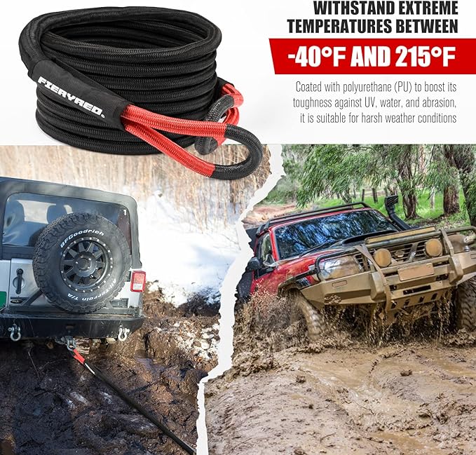 FieryRed Kinetic Energy Recovery Rope 30FT 7/8 Inch- Power Stretch Snatch Strap Vehicle Tow Rope with Reinforced Loops Protective Sleeve Tote Bag for Off-Road 4x4 ATV UTV Pickup