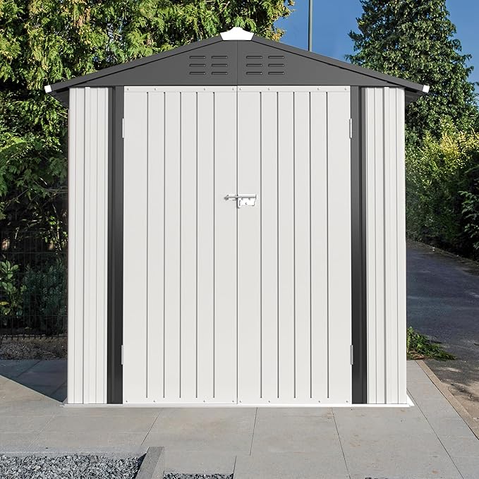 JUMMICO Metal Outdoor Storage Shed 6 x 4 FT Metal Shed with Lockable Door,Waterproof Garden Tool Shed Storage House for Backyard Patio Lawn,White