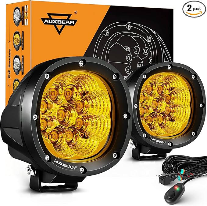 Auxbeam P4 Series Flood Beam Amber Round Light Pods, 4 Inch 90W Yellow Flood Light Bar Backup Reverse, LED Offroad Lights Automotive Work Lights Super Bright Fog Lamp, Pair
