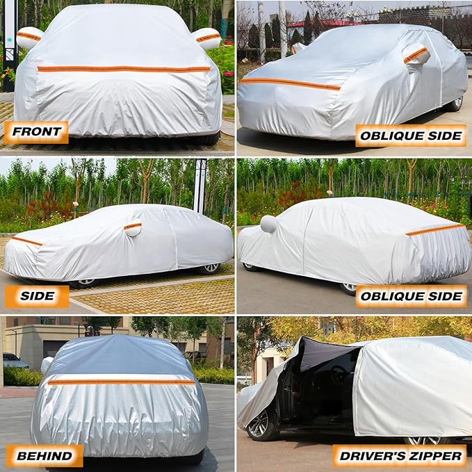 TUCAREST 6 Layers Full Car Cover for Sedan/Wagon/Coupe/Hatchback - Waterproof, Insulated, Anti-UV, Snow-Proof, Anti-Wind, All-Weather, Thickened Protection, up to 168-182 in