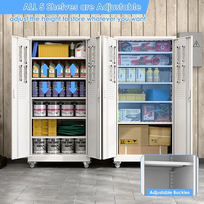 Garage Storage Cabinet with Pegboard and 5 Adjustable Shelves, 71'' x 32'' x 16''Metal Lockable Cabinet with Magnetic Doors,Tool Storage,Home Office Garage,Gym,School(White)