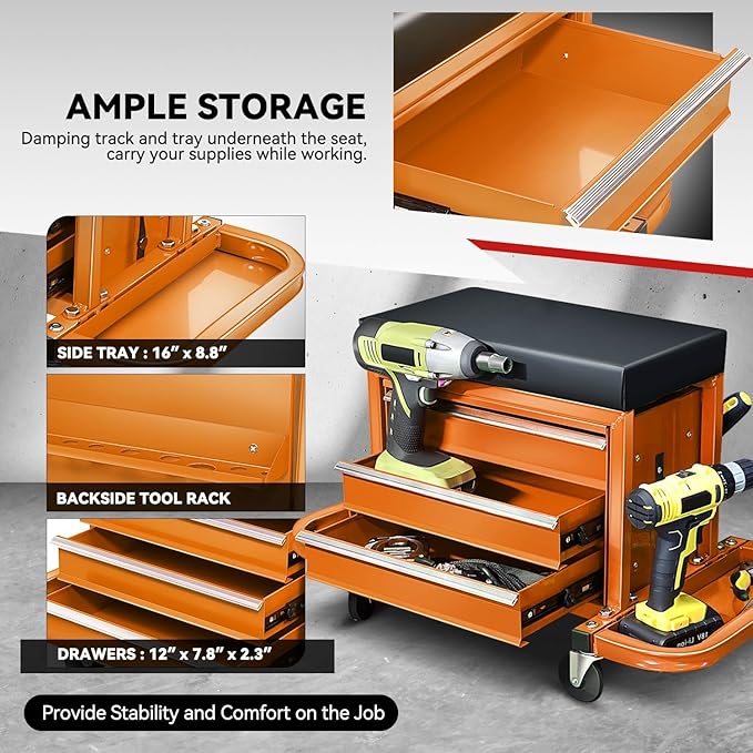Auto Dynasty 3-Drawer Mechanic Rolling Seat, 350 LBS Capacity Roller Garage Shop Seat with Storage Tool Tray for Workshop, Repair Shop, Warehouse, Orange