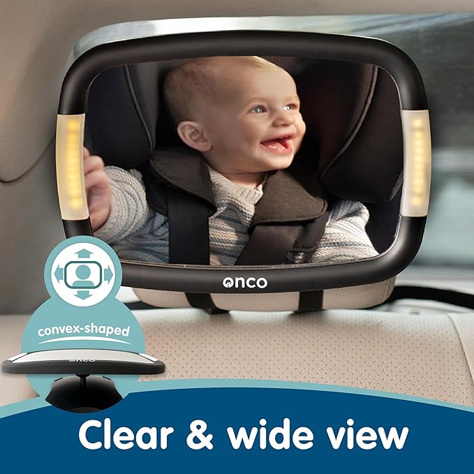 Onco LED Baby Car Mirror with Light - 2 Modes for Day & Night Driving, 100% Shatterproof & Shakeproof Car Mirror for Baby with 360° Rotation