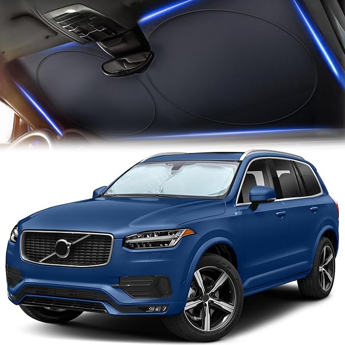 Windshield Sun Shade for Car, SUV & Truck – Patented Design Blocks 99% UV Rays & Heat | 240T Reflective Polyester Sunshade with Storage Bag | Keeps Vehicle Interior Cool | Universal Fit (64" x 33.5")