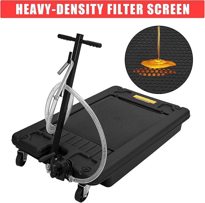 ‌17 Gal Low Profile Oil Drain Pan, Heavy Duty Mobile Oil Changing Pan with Hand Pump, 8 Ft Hose & Quick Drain Valve, Leak-Proof Design for Truck Car Motorcycle, Garage Workshop Use