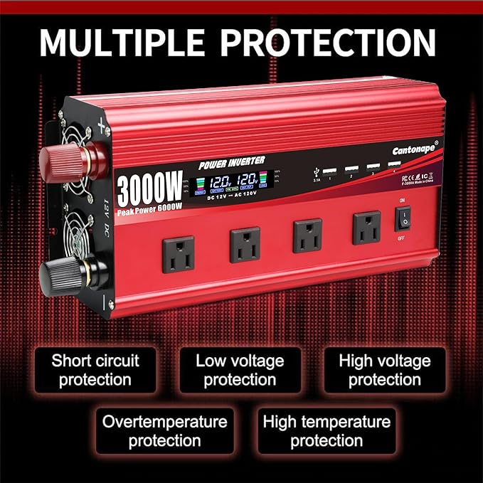 3000W Power Inverter 12V to 110V/120V DC to AC with LCD Display, Remote Controller 4 x AC Outlets and 4 x 3.1A USB Car Adapter for Car Truck Boat RV Solar System