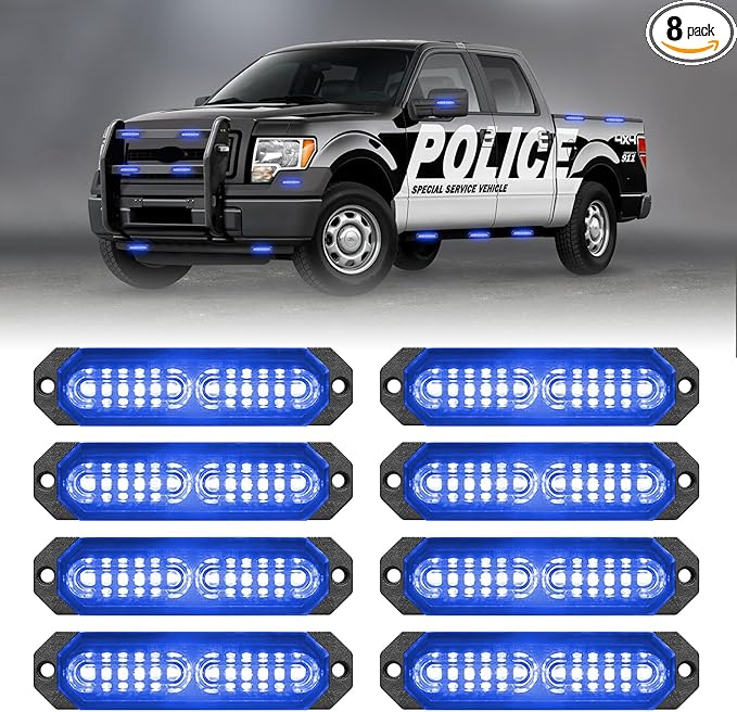 HLauto 1200T Emergency Strobe Grille Lights: 8pcs 12 LED Sync Feature Safety Warning Flashing Light, Ultra Slim Surface Mount Hazard Caution Lights for Trucks, Vehicles, Car, ATV, UTV (Blue)