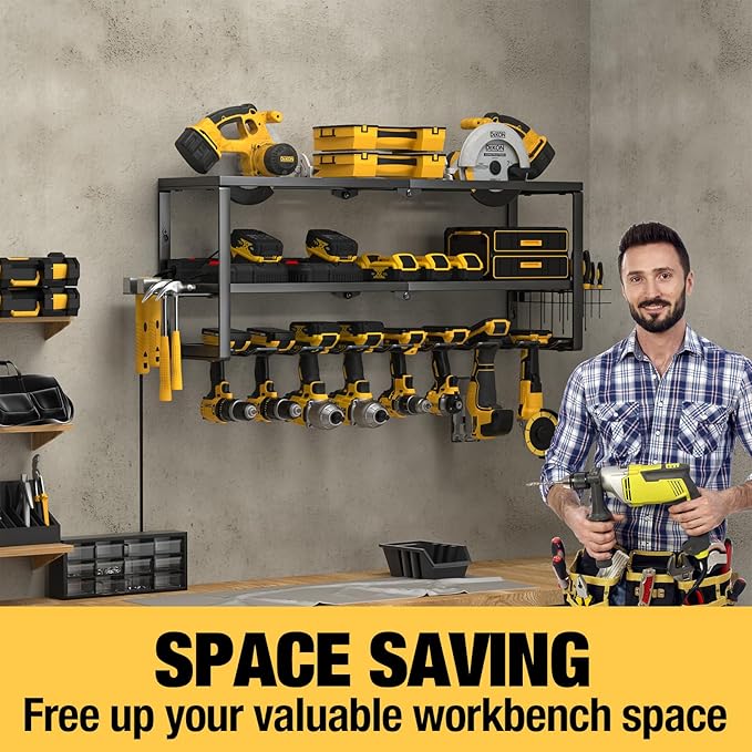 YYR Heavy Duty Power Tool Organizer with Charging Station, Cordless Drill Hanger Storage Rack, Battery Tools Holder Wall Mount Shelf for Garage - 32 Inch Equipped with Surge Protection Power Strip
