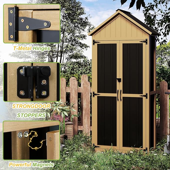 Outdoor Storage Cabinet with Shelf, Wood & Metal Storage Shed with Lockable Doors & Sloping Roof, Outdoor Cabinets Weatherproof for Patio Backyard, Garden Shed Tool Shed and Accessories, Brown