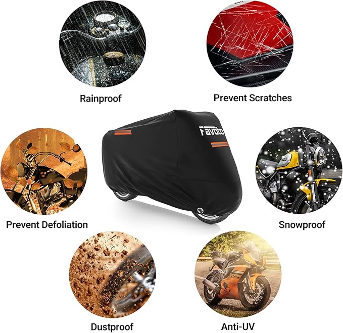Favoto Motorcycle Cover Waterproof All Weather Universal Fits up to 108 inches Motorcycles with 3 Night Reflectors Lock-Hole Carrying Bag, Windproof Dustproof Sun Outdoor Protection
