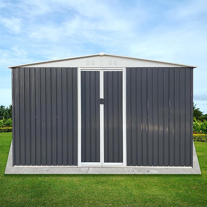 10x12 FT Outdoor Storage Shed, Large Metal Garden Shed with 4 Windows, Outside Tool Shed with Lockable Sliding Doors, Waterproof Storage Building with 4 Air Vents for Backyard, Patio, Lawn, Gray