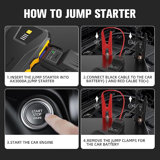 ASPERX 3000A Jump Starter for Car Battery, 12V Portable Jump Box with LED Light & Smart Jumper Cables, BMS for Up to 10.0L Gas or 8.0L Diesel Engines-Yellow
