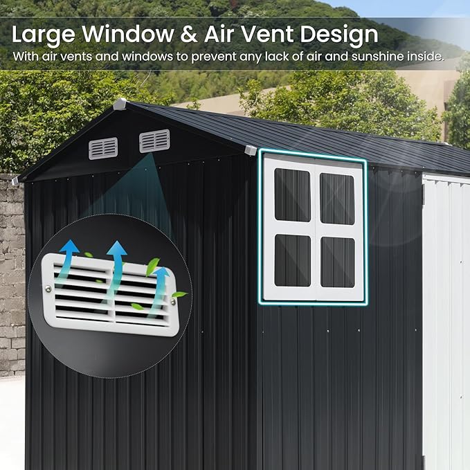 Verano Garden 8x6FT Outdoor Storage Shed, Galvanized Steel Metal Garden Shed with Large Window, Lockable Double Door, Outdoor Tool Shed for Backyard, Patio, Lawn(96.65"x71.85"x77.56")