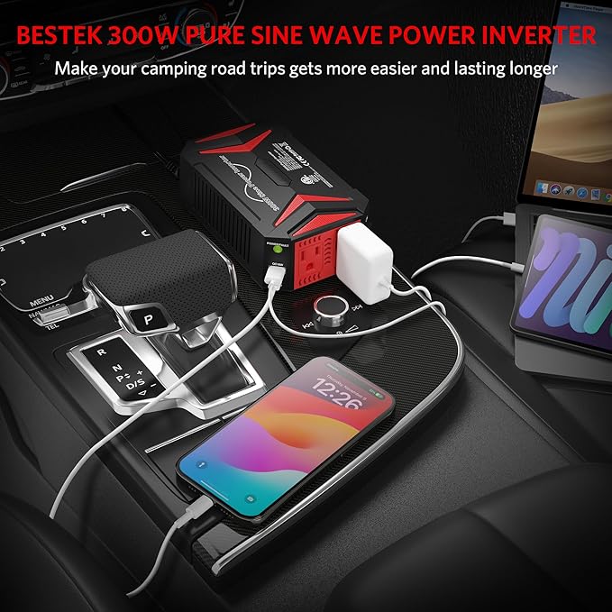BESTEK 300Watt Pure Sine Wave Power Inverter [30W PD USB-C] Car Adapter DC 12V to AC 110V with QC3.0 USB Ports, Multi-Protection Car Charger Power Inverter for Vehicles