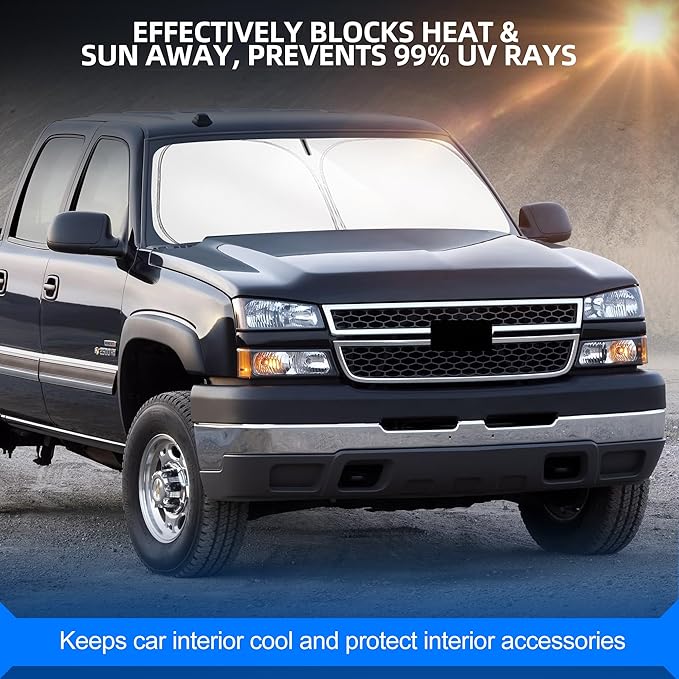 Windshield Sun Shade for Ch-evro-let/Chevy Silverado 1500 1500HD 1999-2006 Foldable Sunshade Custom Fit Front Window Car Interior Accessories Protector Blocks UV Rays
