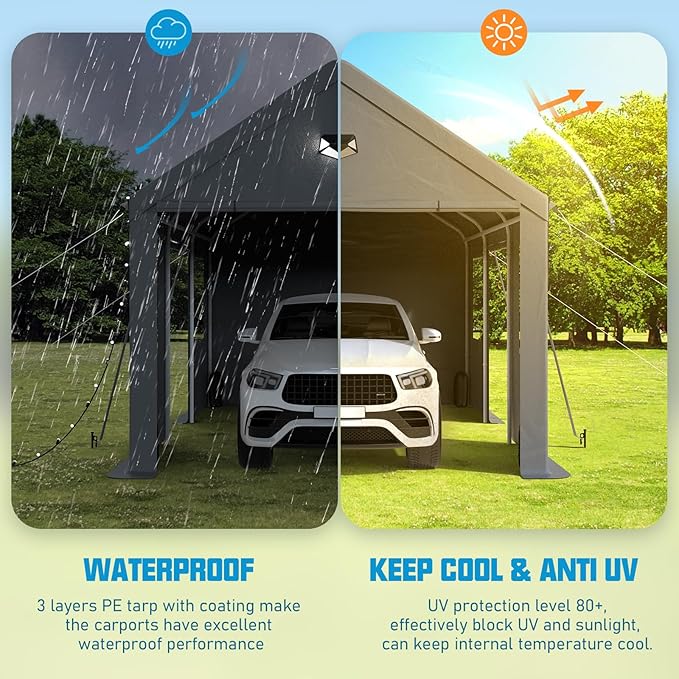10x16 Carport, Heavy Duty Carport Canopy Garage with Removable Sidewalls and Drive Through Roll Up Zipper Doors & Side Doors, Grey