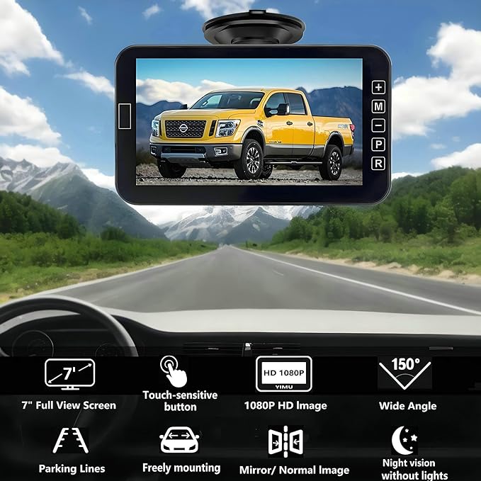 YIMU Car Backup Camera for Truck 7″ monitor AHD 2K Front Rear View Camera for car,USB Powered Plug-Play, Night Vision No-Delay DIY Grid Lines Touch Screen AHD702