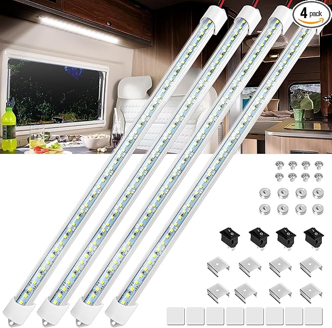 Linkstyle 4PCS 12V Interior LED Light Bar, Super Bright 6500K 12V LED Light Strip Lights with Switch, 48 LEDs 700LM Enclosed Trailer Lamp for Car Truck Camper Van RV, White